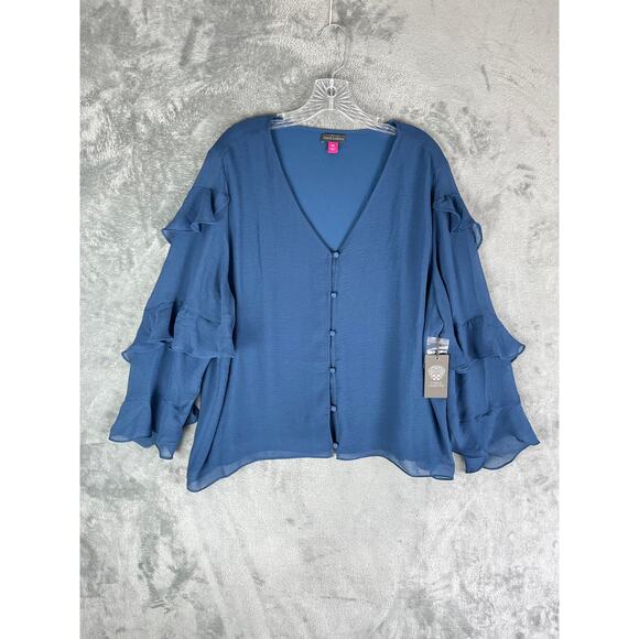 Vince Camuto Blue Ruffle Sheer Sleeve Chiffon V Neck Blouse 2X XXL Plus Size - Picture 8 of 16
